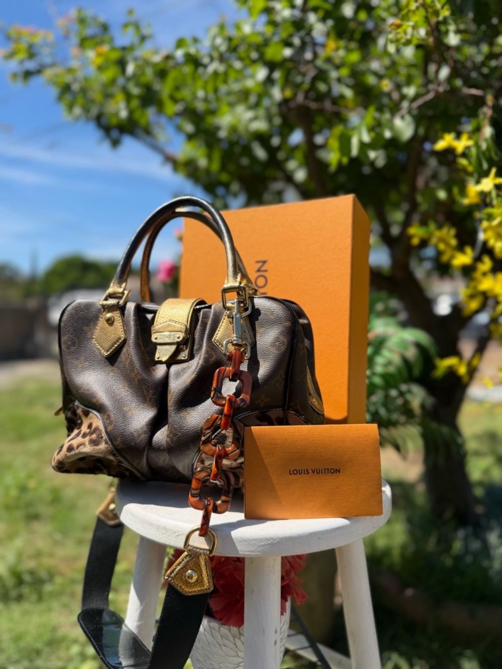 Louis Vuitton Brown Monogram Satchel with Leopard Accents and Gold Hardware